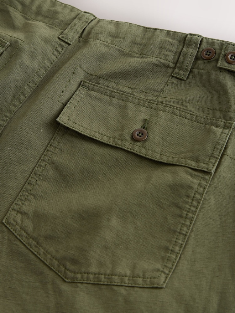 Khaki Green Relaxed Fit Fatigue Pocket Cotton Linen Trousers - Image 10 of 10