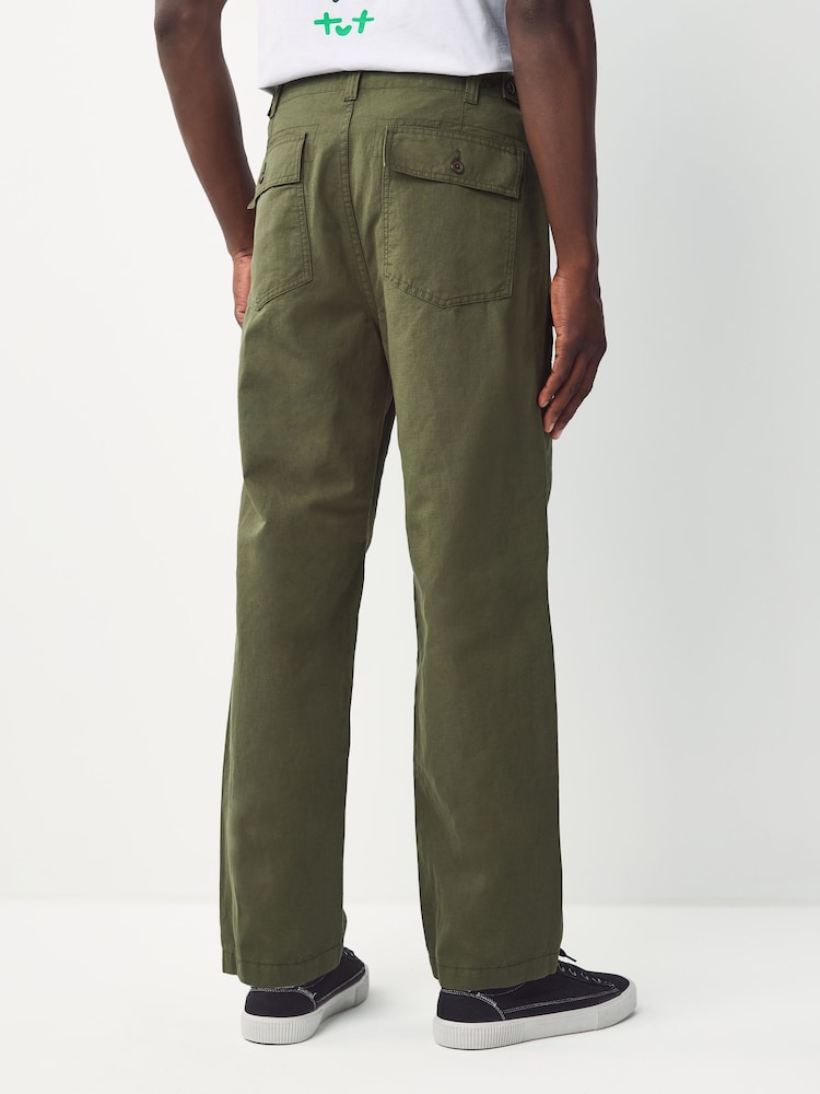 Khaki Green Relaxed Fit Fatigue Pocket Cotton Linen Trousers - Image 2 of 10