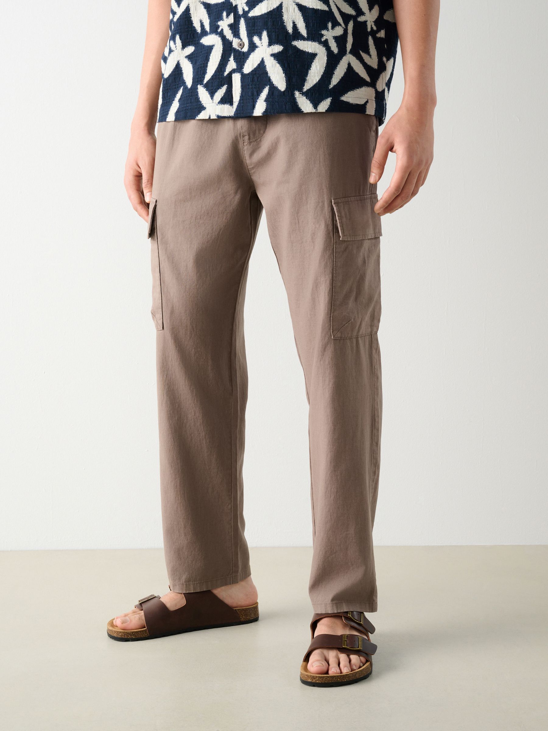 Mushroom Brown Regular Tapered Fit Linen Cotton Cargo Trousers