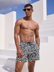 Black/White Printed Seersucker Swim Shorts - Image 3 of 9