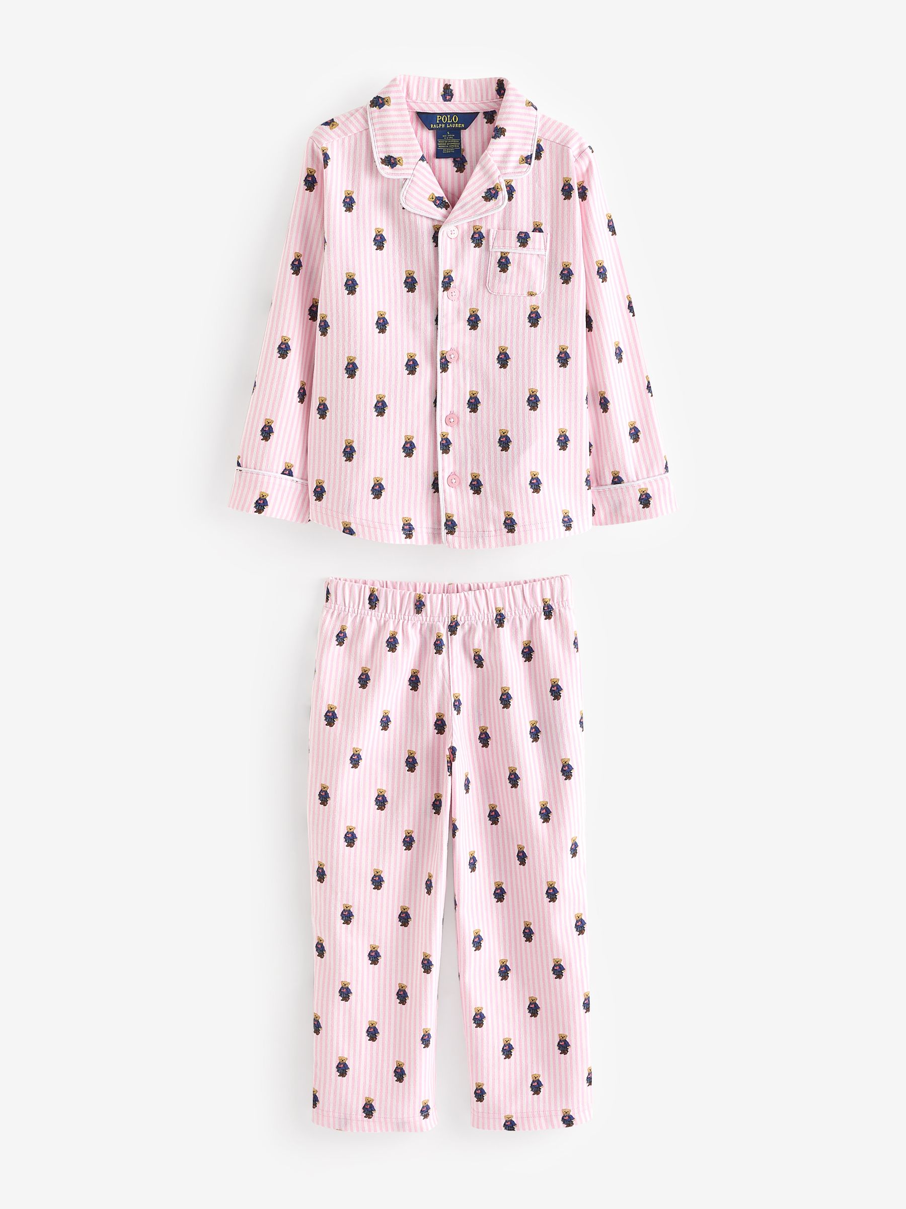Polo Ralph Lauren 100 Cotton Long Sleeve Bear White Pink Pyjamas Set