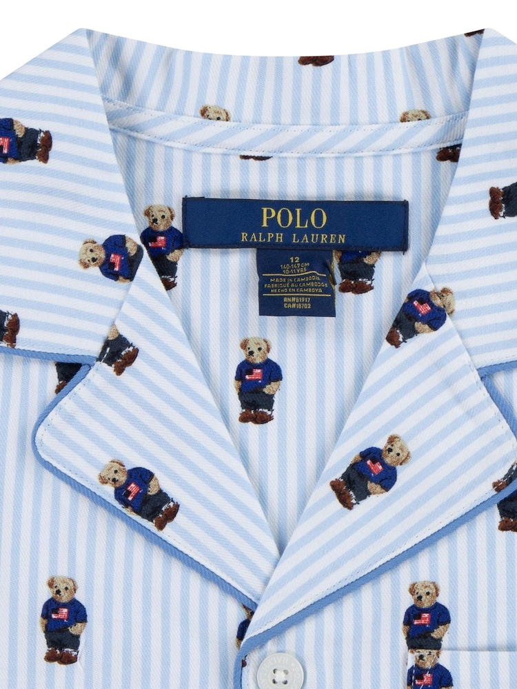 Polo Ralph Lauren White/Blue 100% Cotton Short Sleeve Bear Pyjamas Set - Image 3 of 5