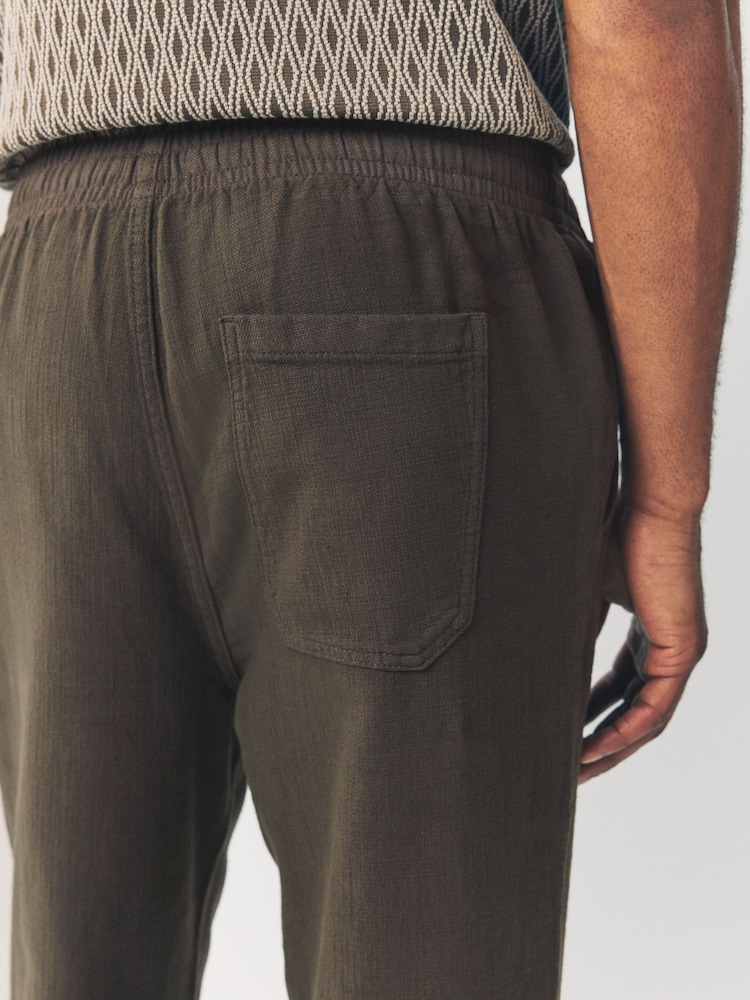 Brown Textured Elasticated Waist 100% Cotton Trousers - Image 6 of 10