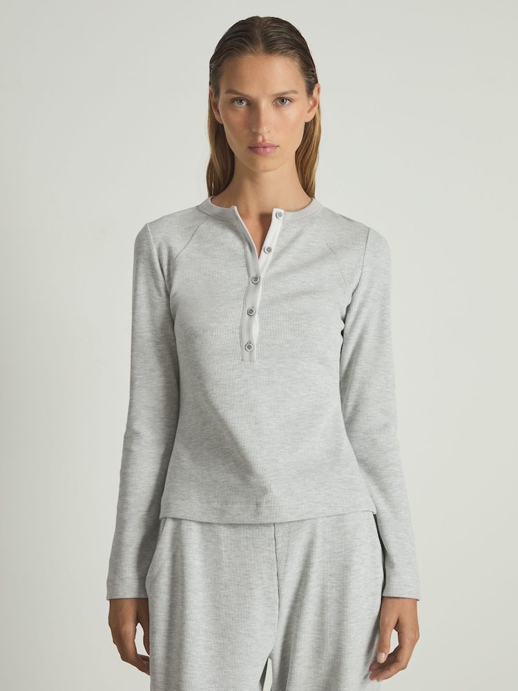 Reiss Grey Marl Taylor Waffle Jersey Henley Top with Cotton - Image 1 of 6 Reiss Grey Marl Taylor Waffle Jersey Henley Top with Cotton - Image 1 of 6