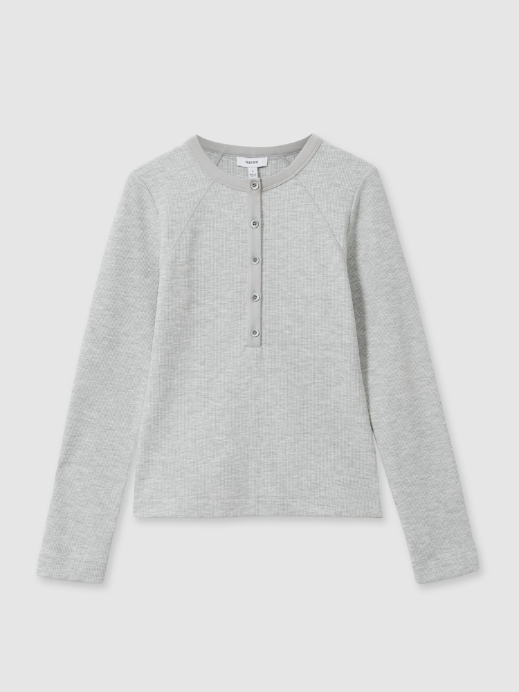 Reiss Grey Marl Taylor Waffle Jersey Henley Top with Cotton - Image 2 of 6 Reiss Grey Marl Taylor Waffle Jersey Henley Top with Cotton - Image 2 of 6