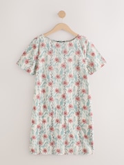 White/Green All-Over Print Leaf Linen Short Sleeve Dress - Image 1 of 1