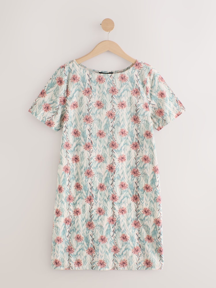White/Green All-Over Print Leaf Linen Short Sleeve Dress - Image 1 of 1