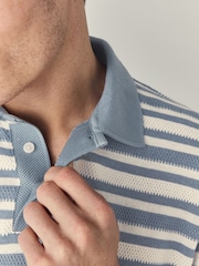 Blue Textured Stripe Button Neck Polo Shirt - Image 5 of 8