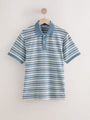 Blue Textured Stripe Button Neck Polo Shirt - Image 6 of 8