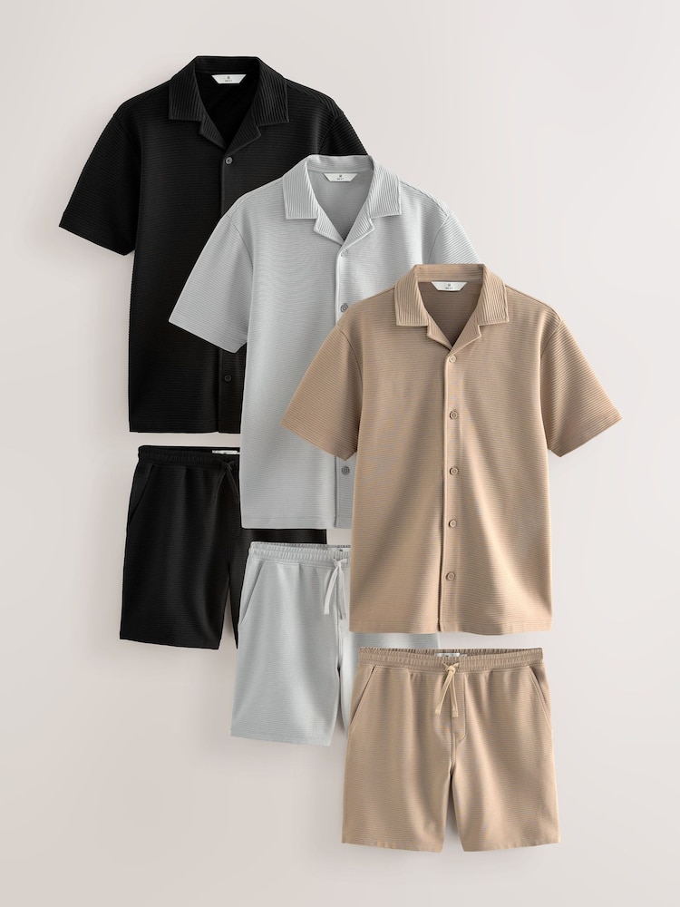 Black/Grey/Neutral Textured Coord Shirt And Shorts Set 3 Pack - Image 1 of 16 Black/Grey/Neutral Textured Coord Shirt And Shorts Set 3 Pack - Image 1 of 16