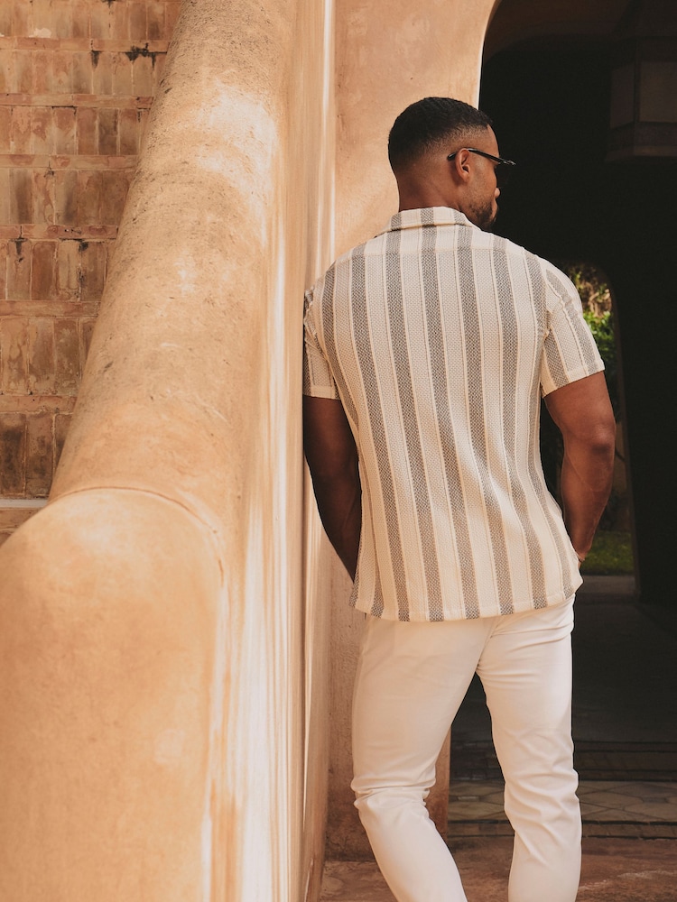 Tailored Athlete Natural Muscle Fit Stripe Crochet Cuban Collar Shirt - Image 2 of 6 Tailored Athlete Natural Muscle Fit Stripe Crochet Cuban Collar Shirt - Image 2 of 6