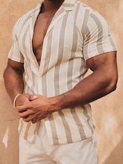 Tailored Athlete Natural Muscle Fit Stripe Crochet Cuban Collar Shirt - Image 4 of 6