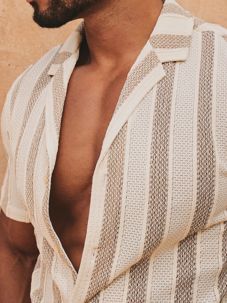 Tailored Athlete Natural Muscle Fit Stripe Crochet Cuban Collar Shirt - Image 6 of 6 Tailored Athlete Natural Muscle Fit Stripe Crochet Cuban Collar Shirt - Image 6 of 6