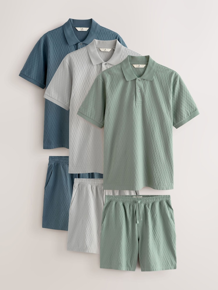 Blue/Sage Green/Grey Textured Coord Polo Shirt And Shorts Set 3 Pack - Image 1 of 17