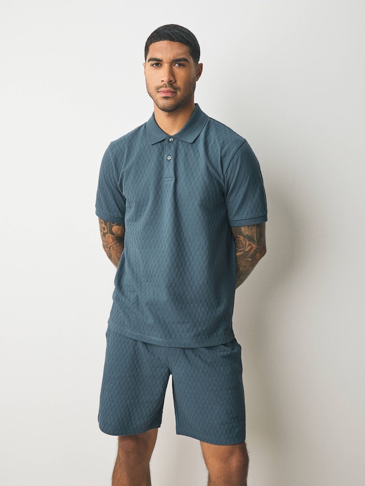 Blue/Sage Green/Grey Textured Coord Polo Shirt And Shorts Set 3 Pack - Image 2 of 17