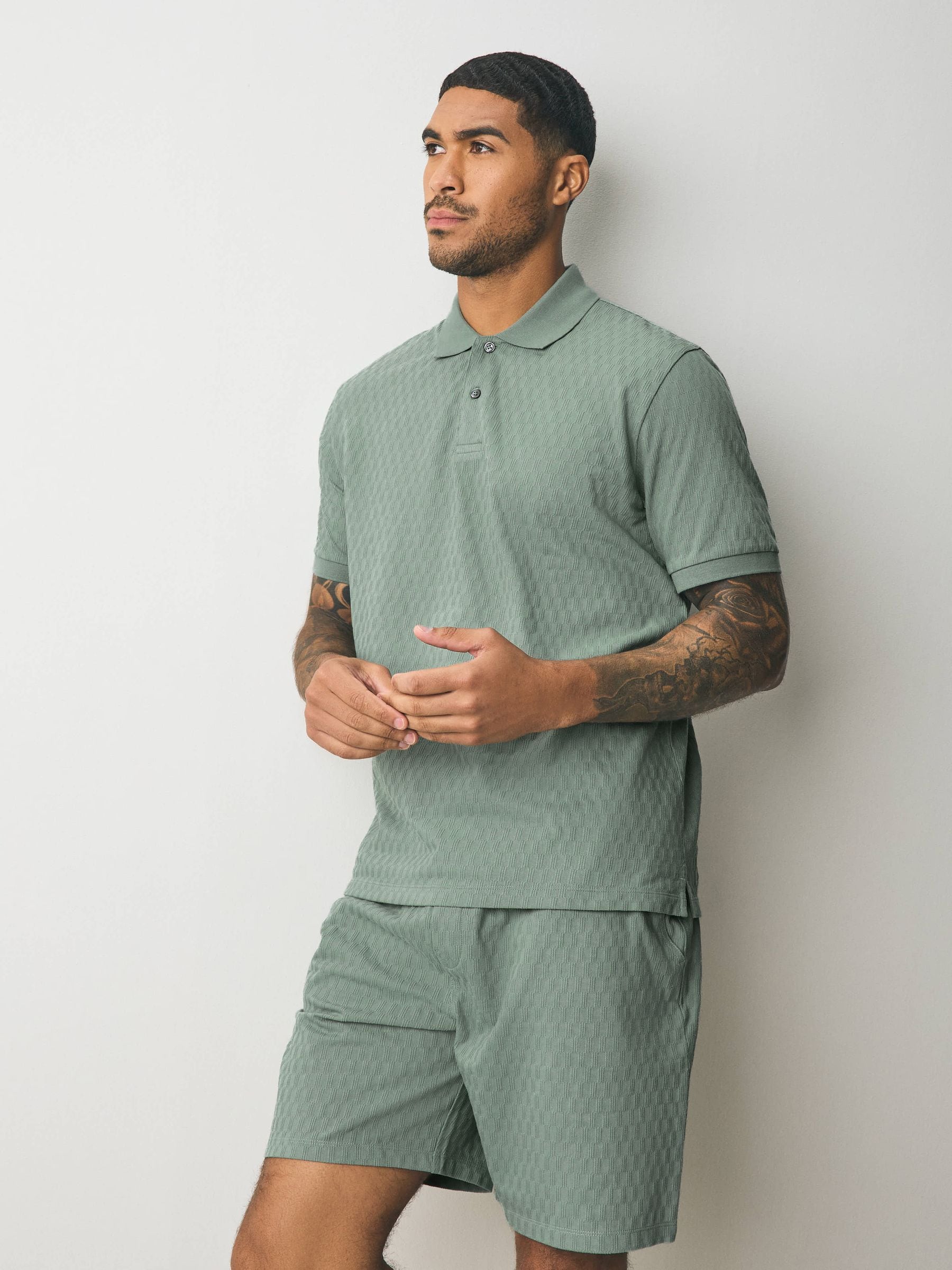 Buy Blue/Sage Green/Grey Textured Coord Polo Shirt And Shorts Set