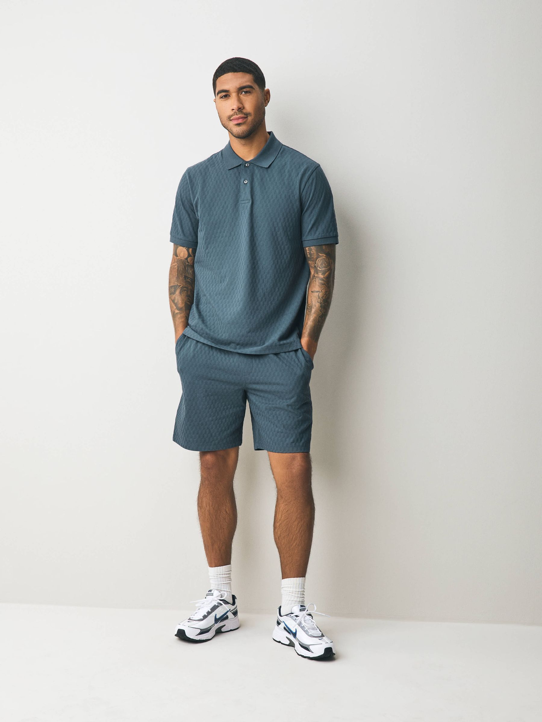 MARCHINGBAND POLO GREY SHORTS セットアップS Buy Blue/Sage Green/Grey Textured Coord Polo Shirt And Shorts Set
