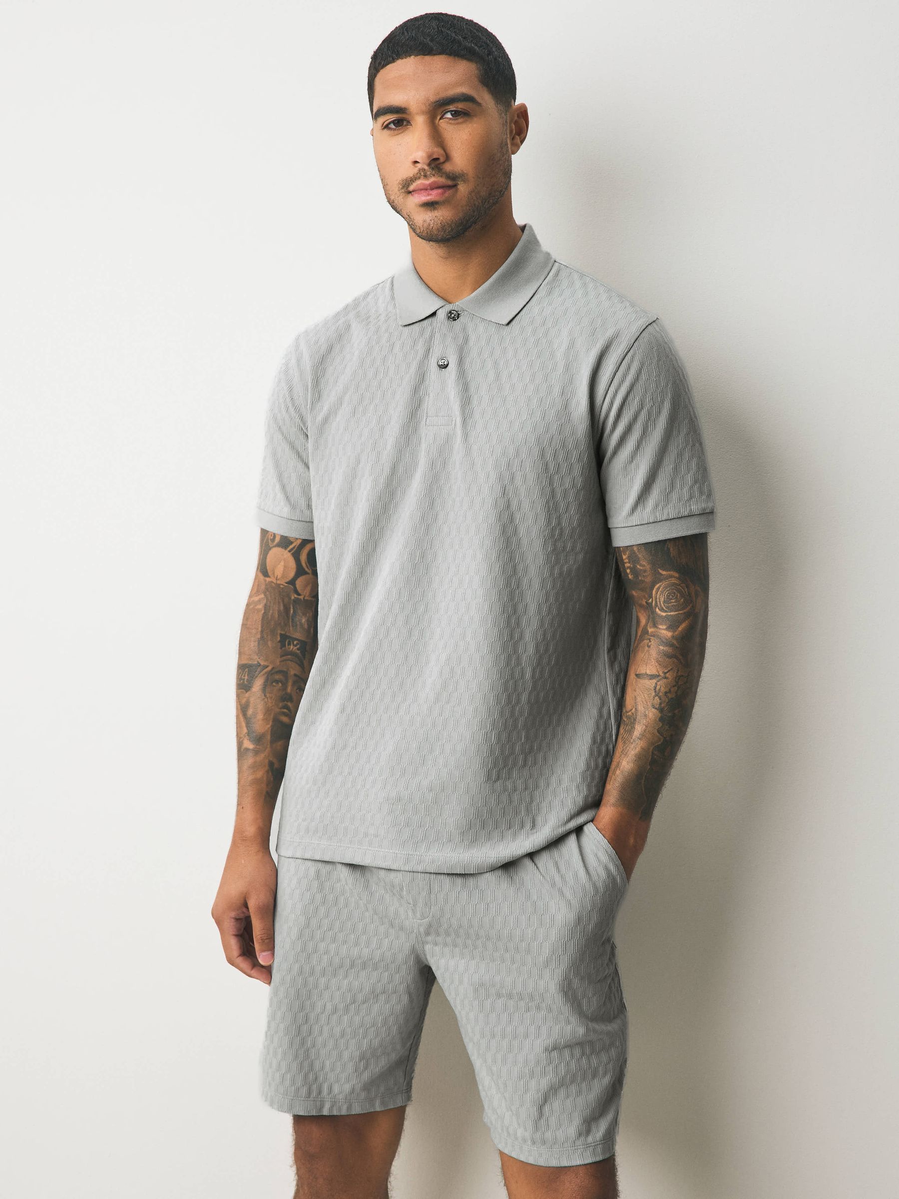 Buy Blue/Sage Green/Grey Textured Coord Polo Shirt And Shorts Set