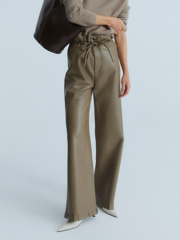 Nanushka Muted Khaki Harlee Leather Wide Leg Trousers - Image 1 of 6