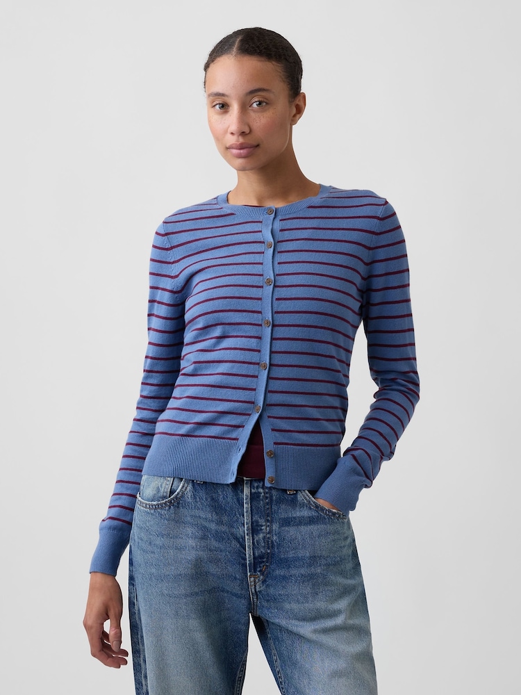 Gap Blue/Burgundy Stripe Crew Neck Cardigan - Image 1 of 5