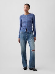 Gap Blue/Burgundy Stripe Crew Neck Cardigan - Image 3 of 5