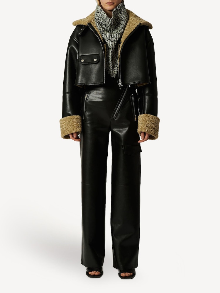 Nanushka Black Jemma Aviator Shearling Crop Jacket - Image 1 of 2