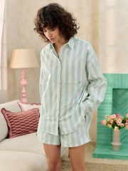 Bath & Body Works Green/Ecru Long Sleeve Shirt Stripe Co-ord 100% Cotton Shorts - Image 1 of 5