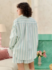 Bath & Body Works Green/Ecru Long Sleeve Shirt Stripe Co-ord 100% Cotton Shorts - Image 3 of 5