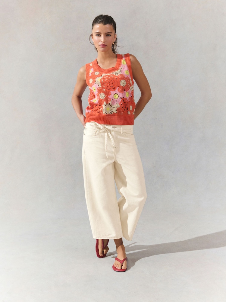 Светло-бежевый - 100% Cotton Tie-Waist Cropped Wide Leg Jeans - Image 1 of 8