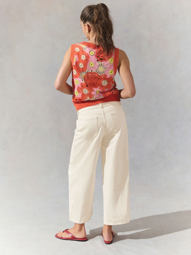 Светло-бежевый - 100% Cotton Tie-Waist Cropped Wide Leg Jeans - Image 2 of 8