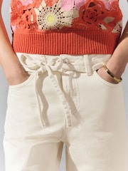 Светло-бежевый - 100% Cotton Tie-Waist Cropped Wide Leg Jeans - Image 5 of 8