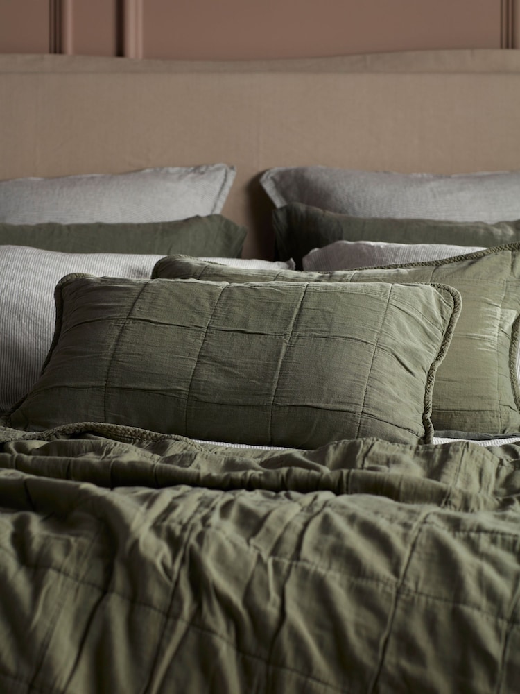 Secret Linen Store Green Finn 100% Cotton Quilted Cushion Cover - Image 1 of 2