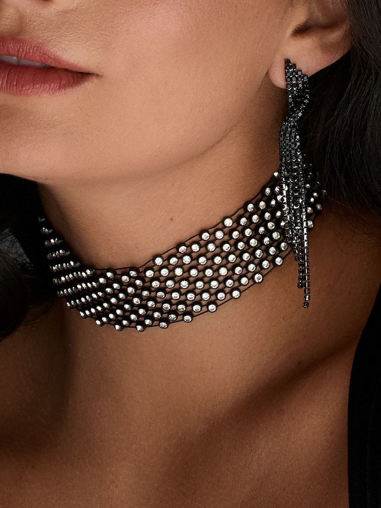 Jon Richard Black Crystal Multi Row Choker Necklace - Image 1 of 3