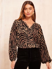 Friends Like These Brown Long Sleeve Mesh Top - Image 1 of 4