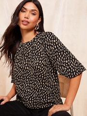Friends Like These Black Polka Dot Round Neck Shirred Cuff 3/4 Sleeve Top - Image 3 of 4