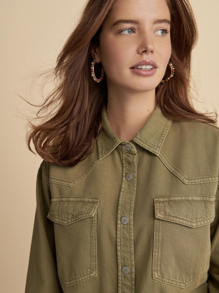 Khaki Green Oversize Denim 100% Cotton Shirt - Image 4 of 7