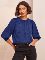 Friends Like These Blue Polka Dot Round Neck Shirred Cuff 3/4 Sleeve Top - Image 1 of 4