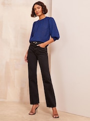 Friends Like These Blue Polka Dot Round Neck Shirred Cuff 3/4 Sleeve Top - Image 2 of 4