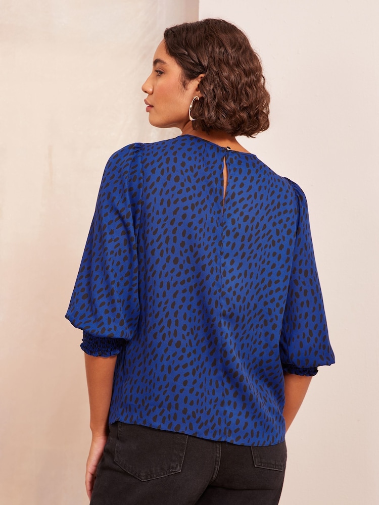 Friends Like These Blue Polka Dot Round Neck Shirred Cuff 3/4 Sleeve Top - Image 4 of 4