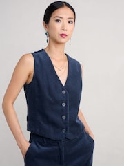 Seasalt Cornwall Blue Pinpoint 100% Cotton Waistcoat - Image 1 of 5