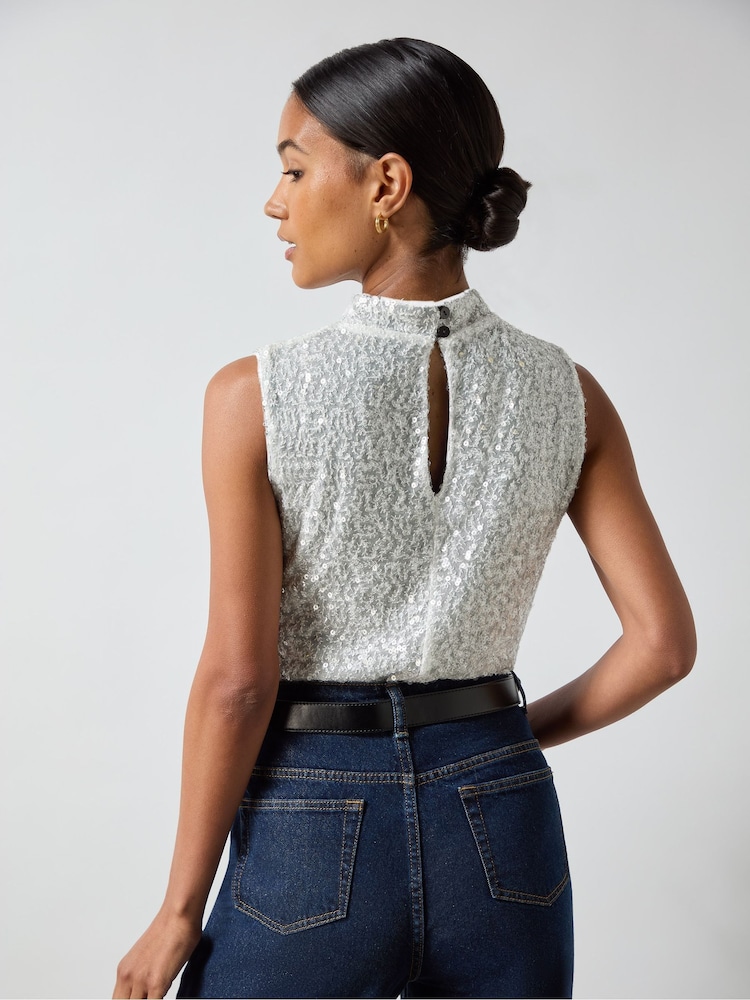 Ro&Zo White Sequin High Neck Top - Image 4 of 4
