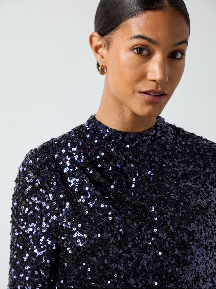 Ro&Zo Navy Blue Sequin High Neck Top - Image 2 of 7