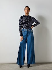 Ro&Zo Navy Blue Sequin High Neck Top - Image 3 of 7