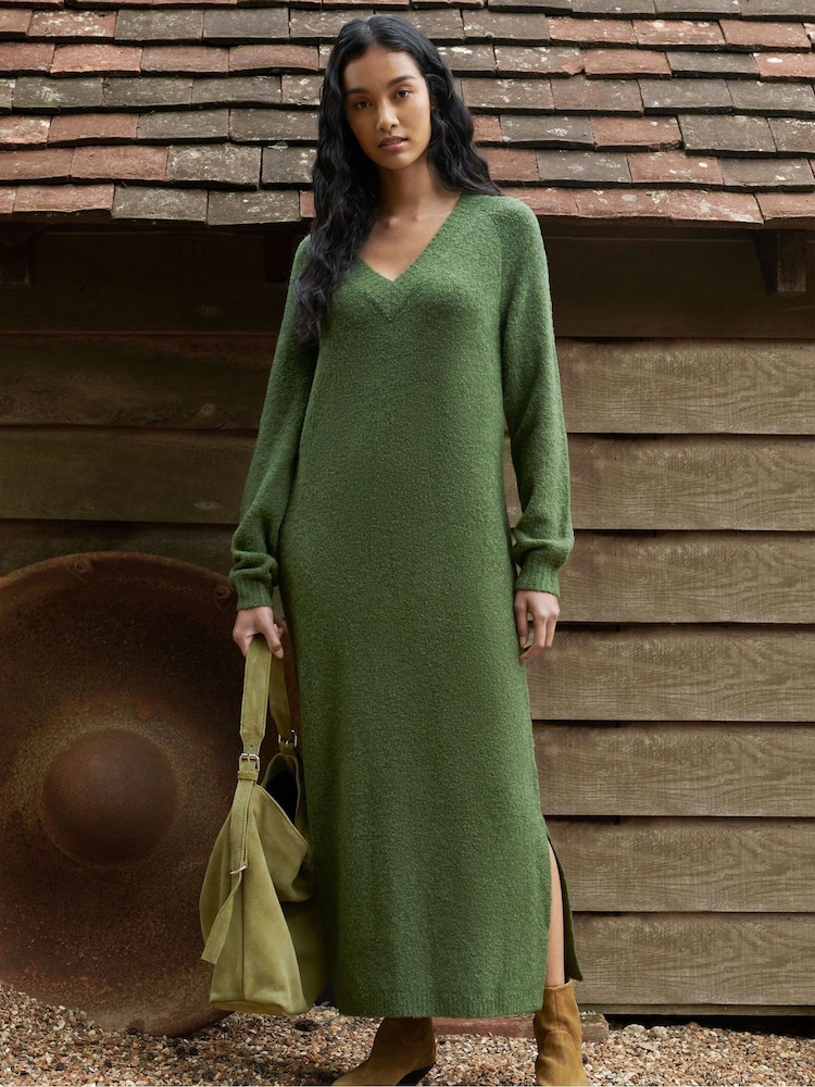 Ro&Zo Olive Green V-Neck Textured Knit Dress - Image 1 of 7