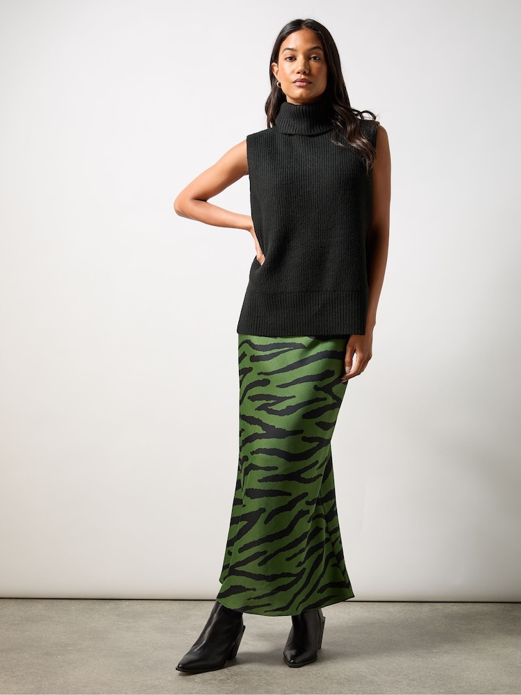 Ro&Zo Khaki Green Petite Zebra Print Bias Cut Maxi Skirt - Image 1 of 3