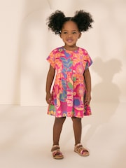 Pink Tropical Print Short Sleeve Jersey Summer Dress (3mths-7yrs) - Image 1 of 7