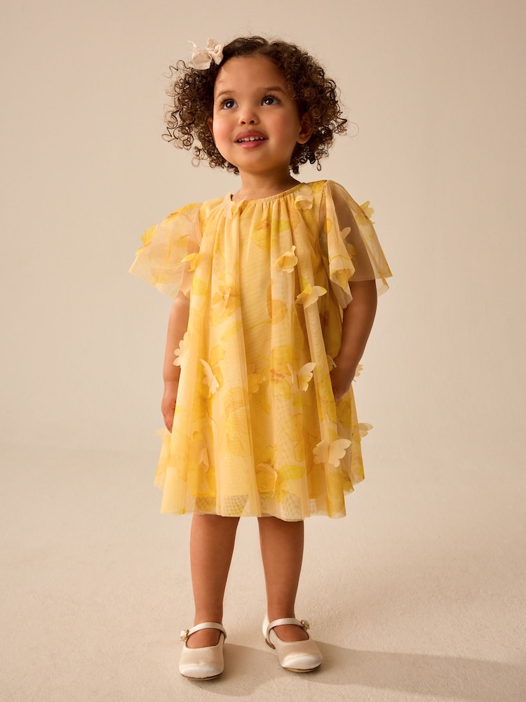 Yellow Short Sleeve Mesh Butterfly Dress (3mths-7yrs) - Image 1 of 8