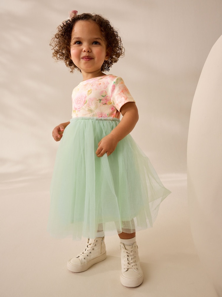 Sage Green Floral Mesh Party Dress (3mths-7yrs) - Image 3 of 8