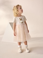 Ecru Bunny Character Short Sleeve Rib Mesh Party Dress (3mths-7yrs) - Image 1 of 9