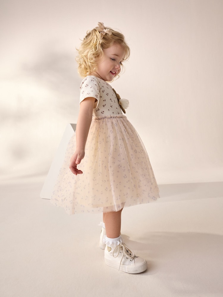 Ecru Bunny Character Short Sleeve Rib Mesh Party Dress (3mths-7yrs) - Image 2 of 9